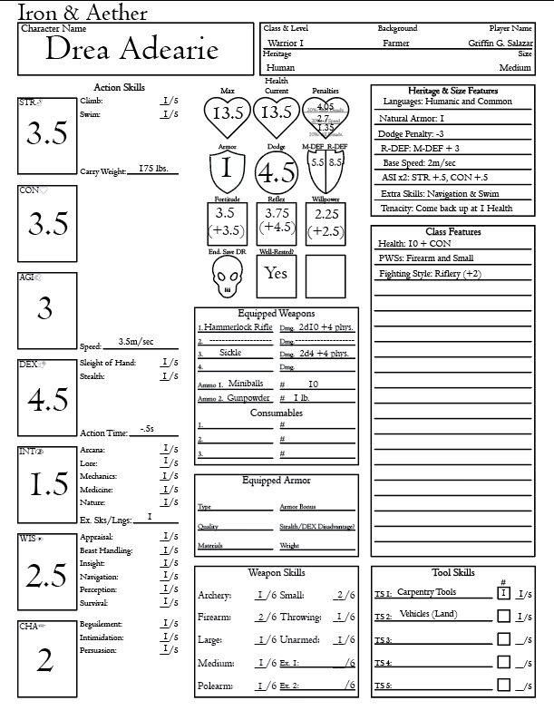 Drea's Completed Character Sheet Front
